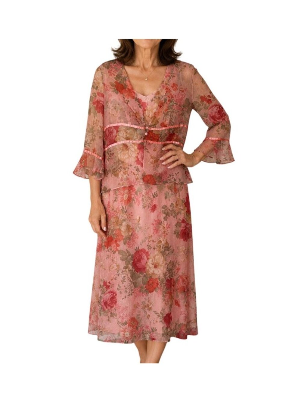 Vintage 90s Miss Dorby Pink Floral Sleeveless Midi Dress Jacket Sheer Lined 12